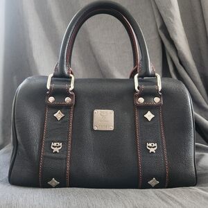 MCM Black Pebbled Leather Studded Boston Bag